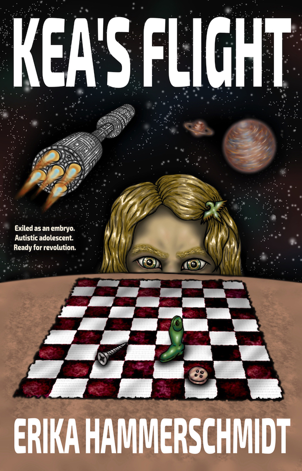 A book cover with the title KEAS FLIGHT and the author ERIKA HAMMERSCHMIDT. Shows a young girl face looking over a chessboard made of ragged checkered fabric. The three pieces on it are a screw, a button, and the foot of a toy soldier. In the background is outer space, with a planet on one side, and a ship made of two cylinders on the other side.
