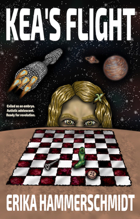 A book cover with the title KEAS FLIGHT and the author ERIKA HAMMERSCHMIDT. Shows a young girl face looking over a chessboard made of ragged checkered fabric. The three pieces on it are a screw, a button, and the foot of a toy soldier. In the background is outer space, with a planet on one side, and a ship made of two cylinders on the other side.