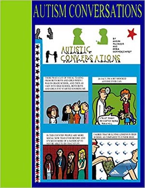 Cover of the book AUTISM CONVERSATIONS. Illustrated by Aaron Poliwoda with assorted cartoon images.