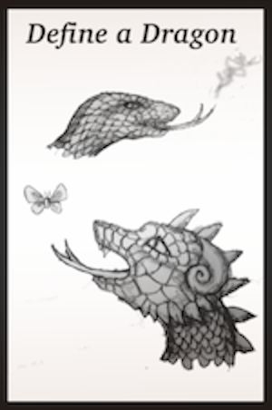 A pencil drawing of the faces of two dragons. One looks mostly like a lizard or snake, but is exhaling smoke. The other looks more like a traditional dragon, with horns and spikes, but is opening its mouth playfully toward a butterfly.