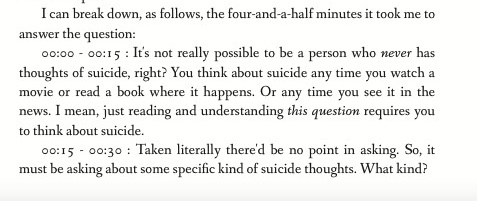 I can break down, as follows, the four-and-a-half minutes it took me to answer the question: 00:00 - 00:15 : It's not really possible to be a person who never has thoughts of suicide, right? You think about suicide any time you watch a movie or read a book where it happens. Or any time you see it in the news. I mean, just reading and understanding this question requires you to think about suicide. 00:15 - 00:30 : Taken literally there'd be no point in asking. So, it must be asking about some specific kind of suicide thoughts. What kind?