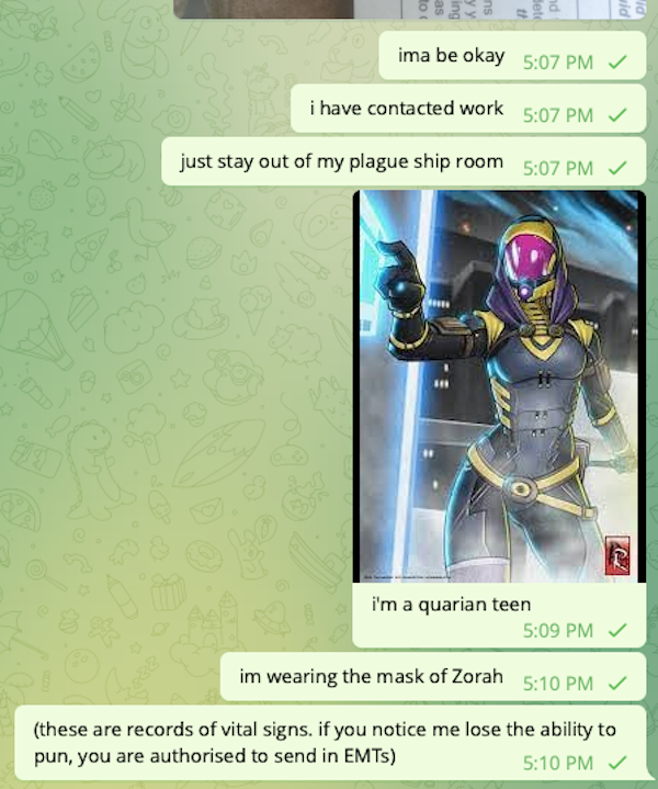 continued chat, still consisting only of messages from me: ima be okay / i have contacted work / just stay out of my plague ship room / -Photo of the Quarian character Tali'Zorah from Mass Effect- / i'm a quarian teen / im wearing the mask of Zorah / these are records of vital signs. if you notice me lose the ability to pun, you are authorised to send in EMTs