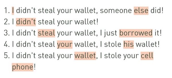  I didn't steal your wallet, someone else did! / I DIDN'T steal your wallet! / I didn't STEAL your wallet, I just borrowed it! / I didn't steal YOUR wallet, I stole his wallet! / I didn't steal your WALLET, I stole your cell phone!