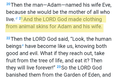 Then the man, Adam, named his wife Eve, because she would be the mother of all who live. And the LORD God made clothing from animal skins for Adam and his wife. Then the LORD God said, 'Look, the human beingse have become like us, knowing both good and evil. What if they reach out, take fruit from the tree of life, and eat it? Then they will live forever!' So the LORD God banished them from the Garden of Eden, and 