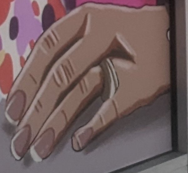 Close-up of one of the painted people's hands. The division between ring finger and middle finger slices halfway up the hand, expanding to look like a crotch. The ring on the ring finger is far wider than that finger, and sorta merges with the pinky.
