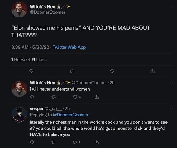 screenshot of some weird Elon Musk fan defending Musk exposing himself to some flight attendant, because she should be happy she has the honor of getting to tell people 'he has a monster dick' 