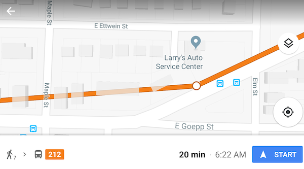 Screenshot of the 212 bus blazing right through people's houses on Google Maps like they weren't even there
