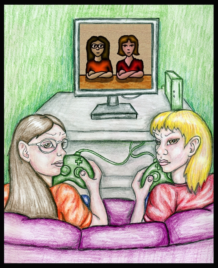 image from the cover of my Abby and Norma comic collection, featuring the comic characters Abby and Norma in realistic drawn form, playing their cartoon selves in a video game 