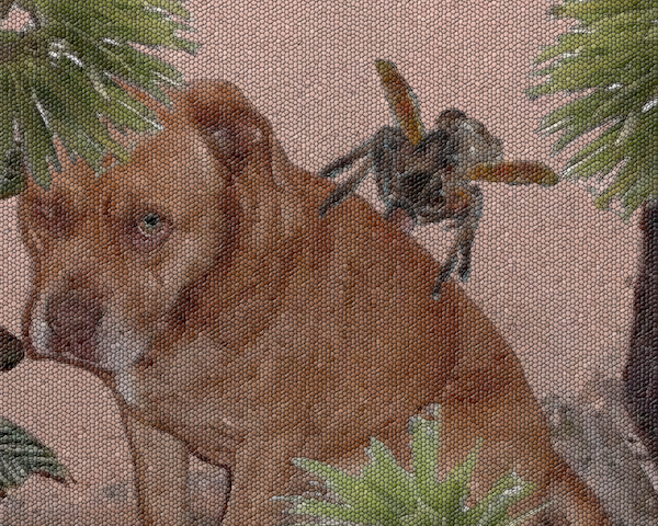 mosaicized photomanipulation of a dog getting bitten by a giant mosquito, from my very silly book Why the Muskie Has No Toes, not a work of realism 