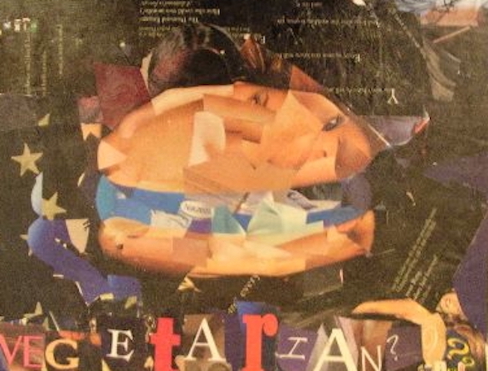 magazine collage depicting a hamburger made of images of human skin and the word Vegetarian