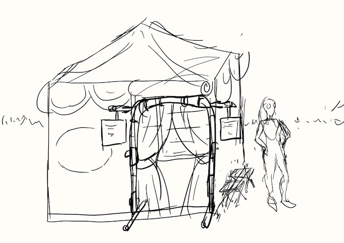 Rough sketch of a square festival canopy with a fancy doorway and a person standing outside it.