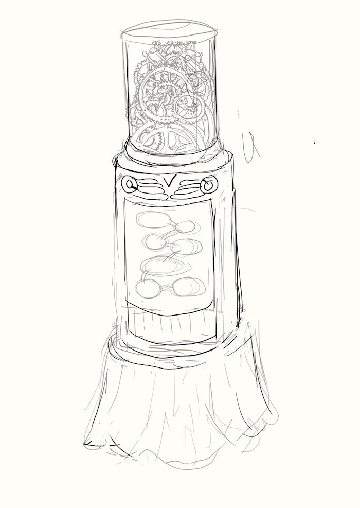 Drawing of this statue, roughly pillar-shaped with the topmost part being a clear canister containing clockwork parts, resting on a wider pedestal covered in connected text balloons and with 2 dials.