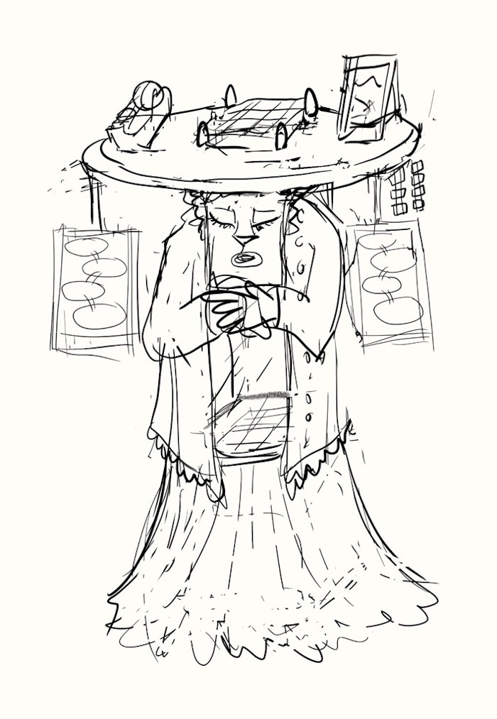 Sketch of a statue depicting an alien creature wearing a loose draping skirt and camisole. The hands are clasped over the chest. The face is square, with a catlike nose, open mouth and closed eyes. The camisole is open to show that the belly is transparent, with a divided box in the bottom of it. On the head is a wide, hat-like tray, with a smaller divided box and a tape dispenser on it. Signs hang from both sides of the tray, with text in connected comic-like balloons.