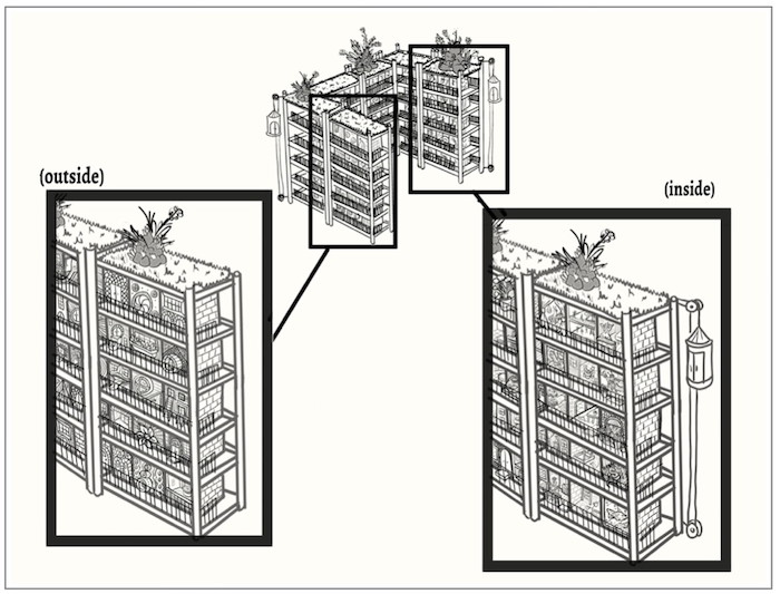 Drawing of U-shaped, 5-story miniature apartment building made of shelves. Roof is covered with grass-like carpet and mountain-like planters with small houseplants. Two boxes over sections of the drawing connect to enlarged close-ups of those sections, one seen from outside and one from inside.