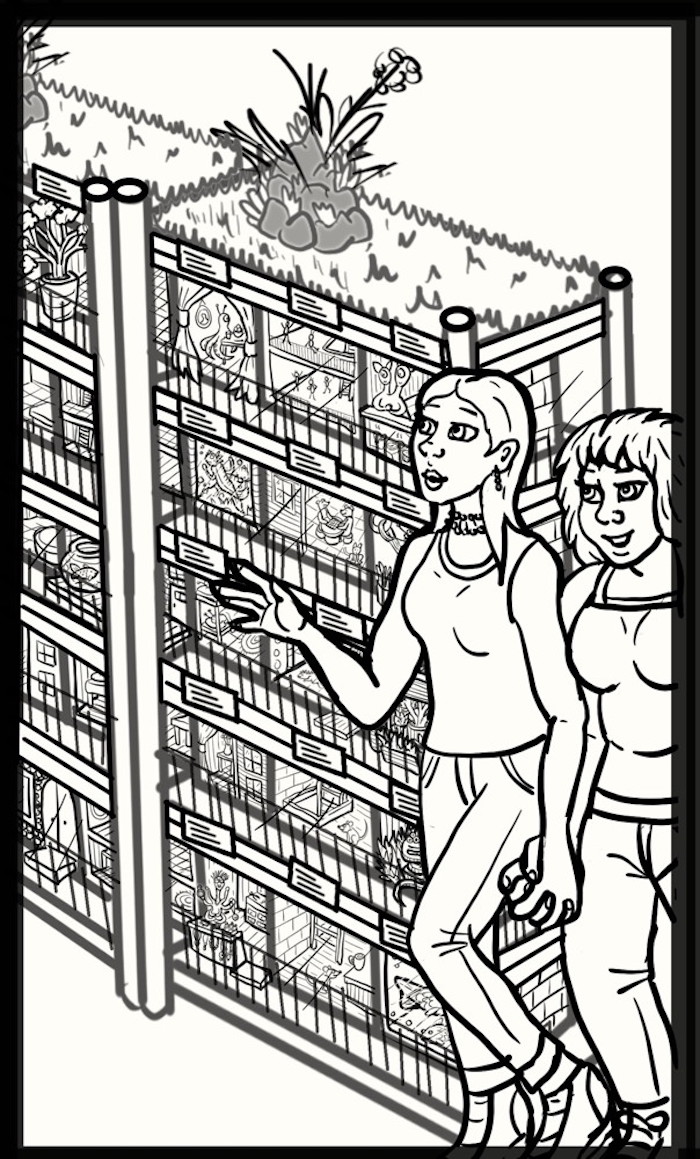 A further enlarged close-up of a section of the miniature apartment building seen from inside. In this image, the two women are walking hand-in-hand around the shelf to see the open inner side of the apartments, still admiring them. Facial expressions and hand positions have changed slightly, indicating greater surprise. The women's height still illustrates the scale of the exhibit, showing that the building is slightly taller than they are. 