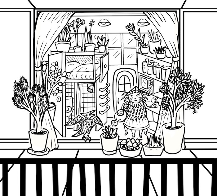 Drawing of Tree Mother's apartment. Open in front, with curtains pulled to the sides, and several potted plants sitting out on the walkway. The top half of the back wall is made of large windows. Below them is a single rounded door. To the left side, against the back wall, is a bed and bath cubicle with its open door facing the viewer. Inside, it is divided into small shower and toilet rooms, with a bunk above them, reachable by steps. Against the right wall is a set of shelves with various canned and boxed products and a small microwave. On top of this, and on top of the bed-bath cubicle, are more potted plants. Near the front, watering the walkway plants with a small watering can, is Tree Mother. She is a round, semi-humanoid creature in a hat and skirt, with 2 arms and at least 4 legs, and antenna-like feelers on the sides of her face. In place of a shirt, her entire front is covered in feather-like flaps. Near her stands Singer the Cliff-Bird, also covered in feathers, spreading its wings and opening its beak.