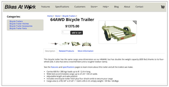 Screenshot from bikesatwork dot com, showing the 64 AWD trailer, a large flat silver-colored trailer with two sets of wheels.