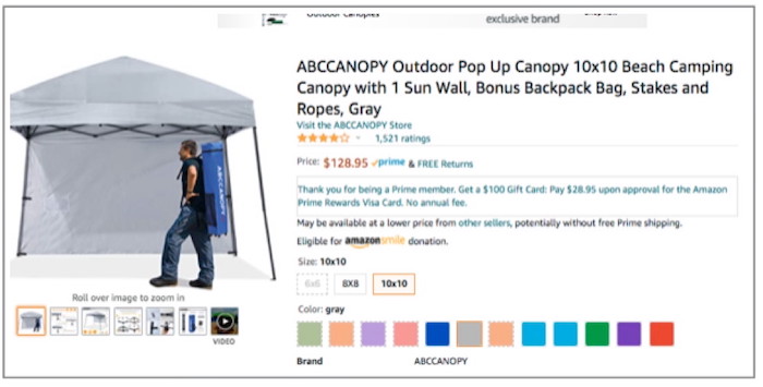 Screenshot from amazon dot com, showing the ABCCANOPY Instant Shelter Outdoor Portable Canopy, item ID number B07LBNYQB6. Image shows a man carrying the folded canopy on his back, indicating how small it can fold up. 