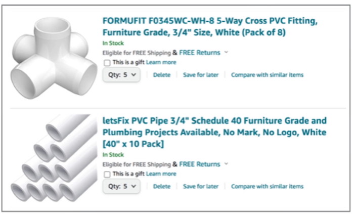 Screenshot from amazon dot com, showing shopping cart containing the Formufit 40-inch x 3/4-inch PVC pipes and the matching 5-way connectors