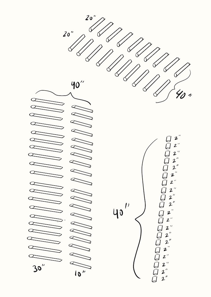 Drawing of 31 of the 40-inch pipes: ten of them cut in 20-inch halves, twenty of them cut each into a 30-inch piece and a 10-inch piece, and the remaining one cut into twenty 2-inch pieces