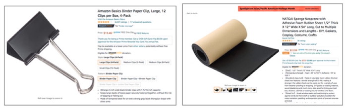 screenshot of the above-mentioned binder clips and foam sheeting on Amazon