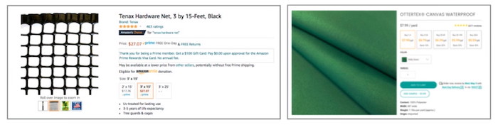 screenshot of the above-mentioned hardware net on Amazon and canvas on Fabric Wholesale