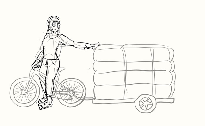 Rough sketch of me, a woman on a bicycle, towing a bicycle trailer loaded with large bags of stuff.