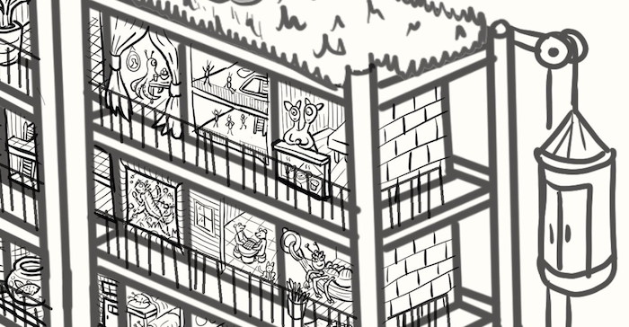 Close-up drawing of a few shelves of the apartments. They are open like dollhouses, with a walkway and guardrail alongside them, and a cylindrical elevator hanging on a cord at the end of the shelf. Most are strange and alien, such as an aquarium-like room containing a four-limbed aquatic creature, a room with mouse-like creatures playing a board game while their cat sits in the foreground, and a room with a two-headed vendor behind a counter overlooking the walkway. One cube is divided into two floors and populated with extra-tiny insect-like people. One has curtains partially hiding a tentacled creature that sits at a table inside. In one, a large bug-like resident relaxes in a hammock.