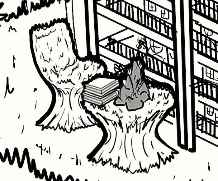 drawing of fuzzy-covered chair and table on fuzzy-carpeted floor, with a stack of books and a mountain-shaped planter on top of the table 