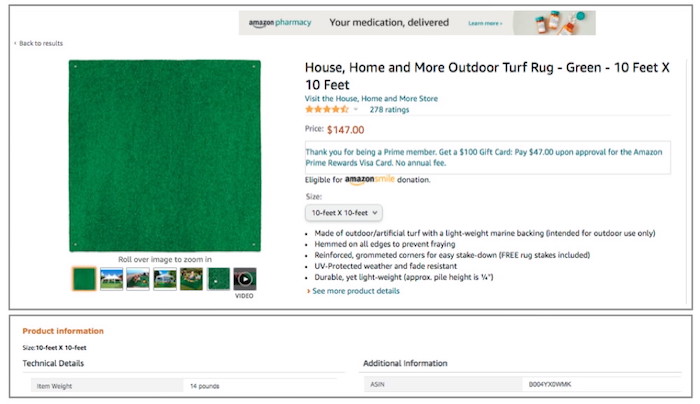 screenshot of the above-mentioned green turf rug on Amazon