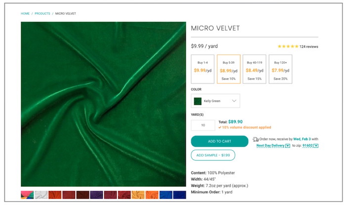 screenshot of the above-mentioned green velvet on Fabric Wholesale