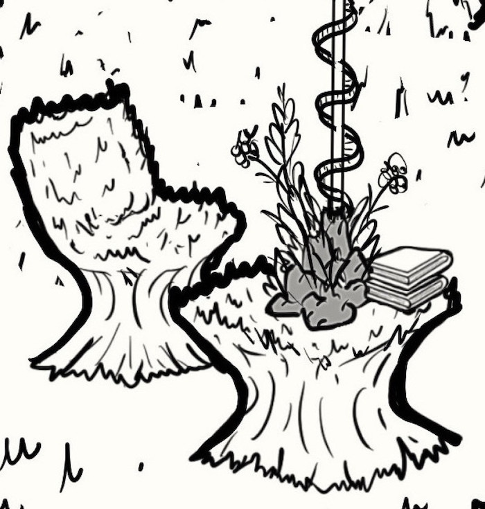 drawing of fuzzy-covered chair and table on fuzzy-carpeted floor, with a stack of books and a mountain-shaped planter on top of the table. This image shows a pole rising from the top of the planter, with a tiny spiral staircase around it.