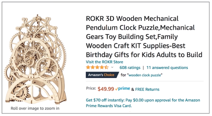 screenshot of a wooden mechanical clock kit on Amazon