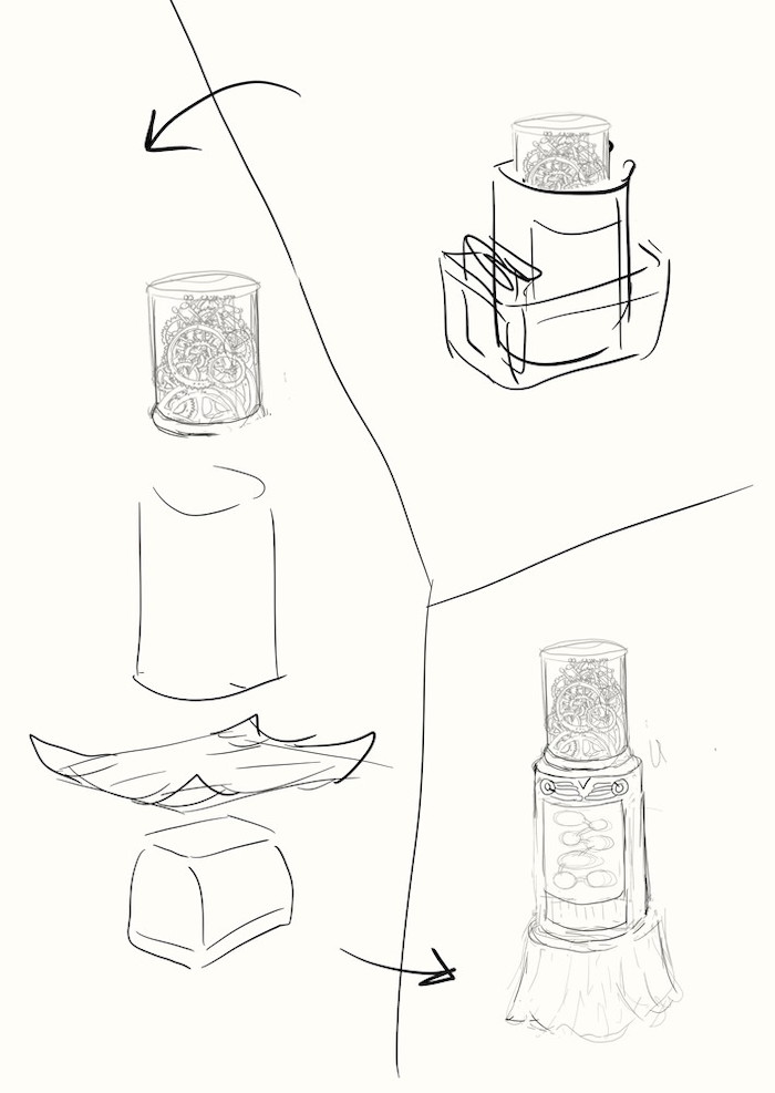 Sketches of the clock statue disassembled and reassembled. In storage the wooden clock fits inside the cylindrical can that forms the pedestal part, which in turn fits inside the rectangular bin that forms the base. When setting them up, all are overturned and stacked.