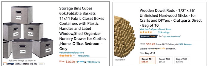 Screenshot of fabric cubes and dowels on Amazon