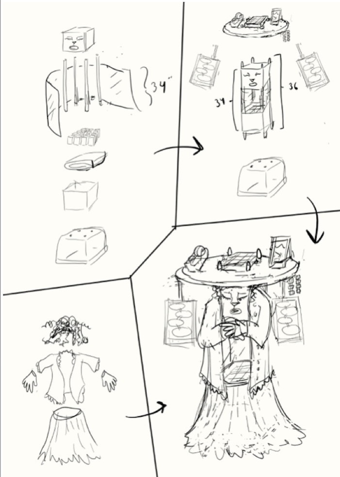 Sketches of the Starlight statue disassembled and reassembled. The four dowels join the top and bottom fabric cubes into a tall box, with vinyl wrapped around the dowels to make its walls clear. Inside the bottom cube, the 16 square tins sit on top of a folded towel to form compartments. Then the tall box is set on top of an upturned bin, and the tray with tape and small paper pieces is set on top of that. Clothes & wig are used to make it look like a creature.