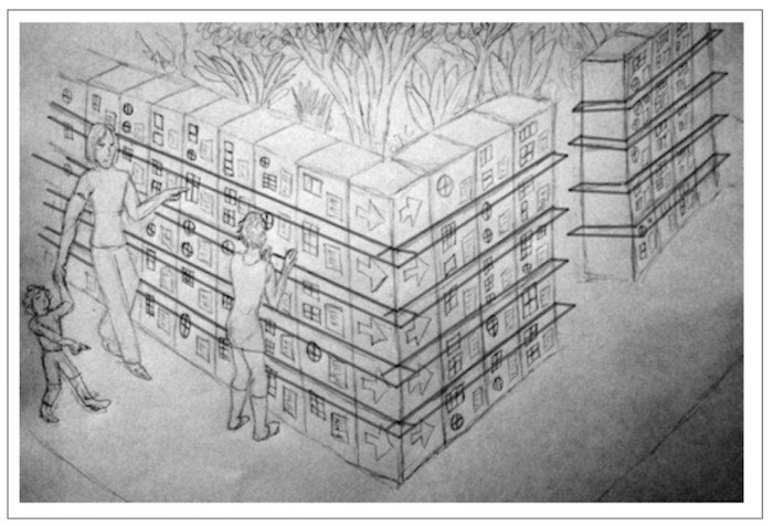 Drawing of people walking around the outside of an immense wall of apartments that surrounds a courtyard