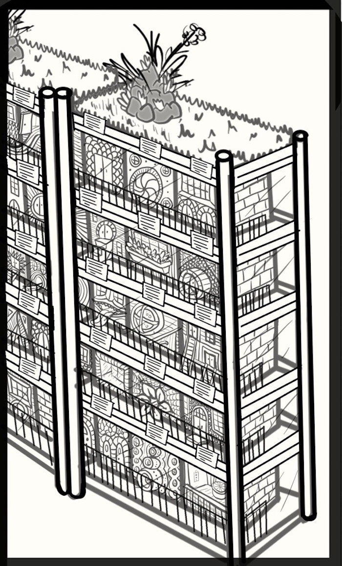 A further enlarged close-up of a section of the miniature apartment building seen from outside. Each shelf has walkways with guardrails. Apartments have small signs above them. This side is mostly closed off, showing outer doors and windows. These look strange, including doors resembling mouths or flowers, a door with an expanding mechanical iris, a caged window like a boat porthole, a wall covered in scales, and a stack of three round tubes in place of a door. Some cubes have multiple stories and/or multiple doors, one has only a window with a flower box, one seems to have a glass wall, and one is mostly open with a counter and an empty room behind it.