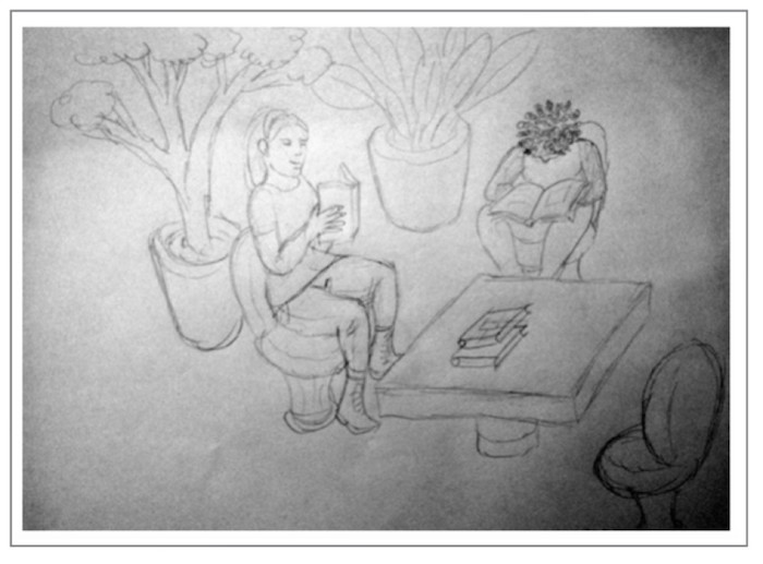  Drawing of some people sitting at a table in a courtyard reading books