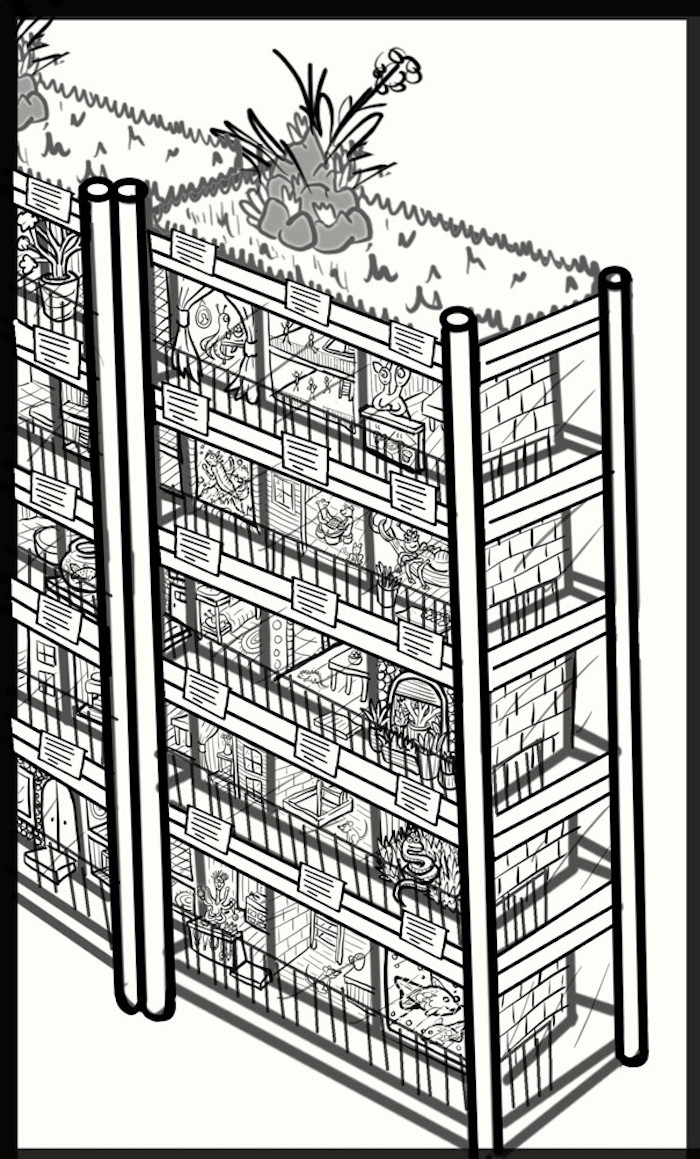 A further enlarged close-up of a section of the miniature apartment building seen from inside. Each shelf has walkways with guardrail. Apartments have small signs above them. On this side, most apartments are open like dollhouses. Most are strange and alien, such as an aquarium-like room containing a large fish, another aquarium-like room with a four-limbed aquatic creature, a room with mouse-like creatures playing a board game while their cat sits in the foreground, and a room with a two-headed vendor behind a counter overlooking the walkway. One has a rounded garage-door-like opening, and is full to overflowing with nothing but potted plants. One has a grassy floor with a large three-eyed snake on it. Some have a partial wall, and some have a curtain. Some are 2-story apartments with extra-tiny creatures in them, while some are connected to each other with doors or stairs to create homes larger than 1 cube.