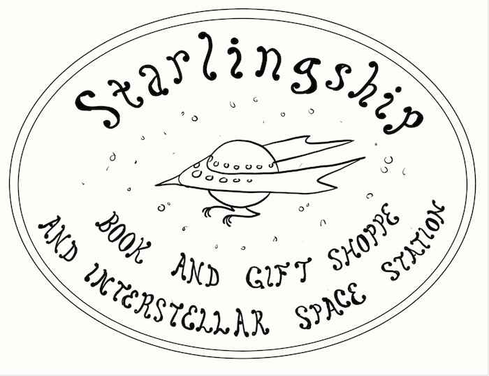 An oval-shaped sketch of a possible logo bearing the aforementioned words. In the center is a picture of a spaceship with a spherical center, augmented with wings, feet and a pointed nose, causing it to resemble a bird.